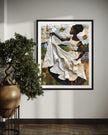 Black woman hanging sheets on an outdoor clothesline, rendered in a three-dimensional mosaic quilt collage style, celebrating domestic life, care, and Afrocentric heritage wall art.