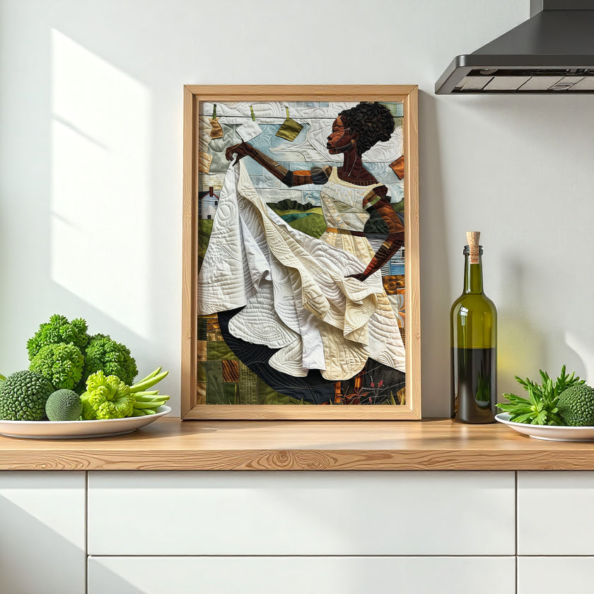 Black woman hanging sheets on an outdoor clothesline, rendered in a three-dimensional mosaic quilt collage style, celebrating domestic life, care, and Afrocentric heritage wall art.