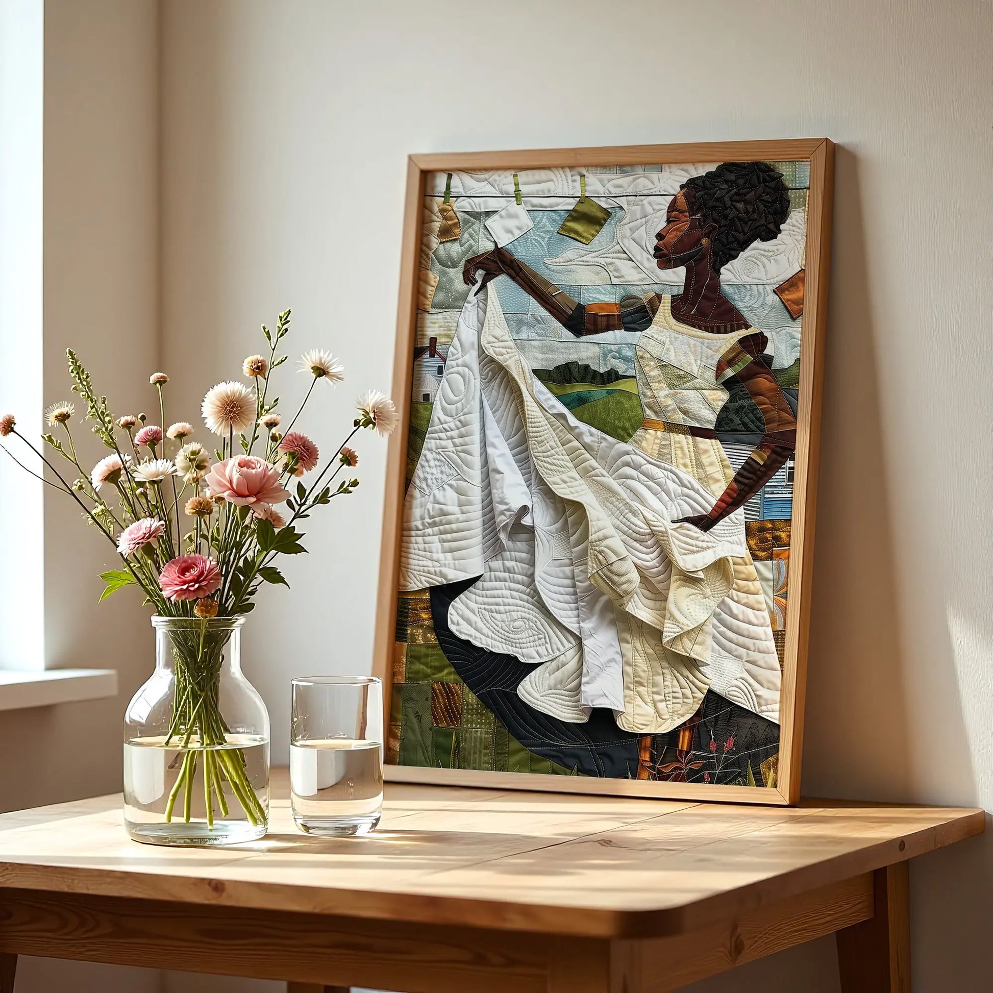 Black woman hanging sheets on an outdoor clothesline, rendered in a three-dimensional mosaic quilt collage style, celebrating domestic life, care, and Afrocentric heritage wall art.