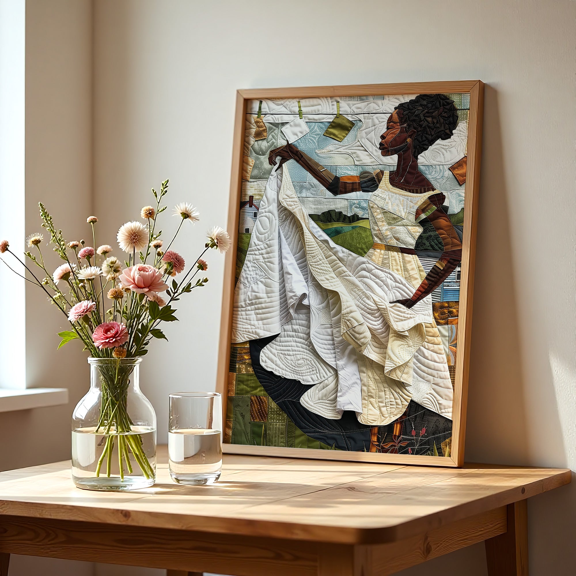 Black woman hanging sheets on an outdoor clothesline, rendered in a three-dimensional mosaic quilt collage style, celebrating domestic life, care, and Afrocentric heritage wall art.