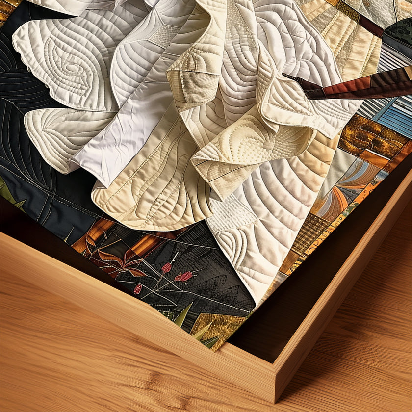 Black woman hanging sheets on an outdoor clothesline, rendered in a three-dimensional mosaic quilt collage style, celebrating domestic life, care, and Afrocentric heritage wall art.