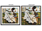 Black woman hanging sheets on an outdoor clothesline, rendered in a three-dimensional mosaic quilt collage style, celebrating domestic life, care, and Afrocentric heritage wall art.