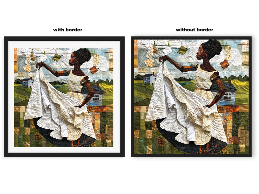 Black woman hanging sheets on an outdoor clothesline, rendered in a three-dimensional mosaic quilt collage style, celebrating domestic life, care, and Afrocentric heritage wall art.
