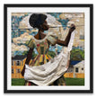 Black woman hanging sheets on an outdoor clothesline, rendered in a three-dimensional mosaic quilt collage style, celebrating domestic life, care, and Afrocentric heritage wall art.
