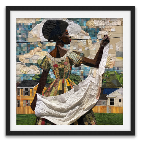 Black woman hanging sheets on an outdoor clothesline, rendered in a three-dimensional mosaic quilt collage style, celebrating domestic life, care, and Afrocentric heritage wall art.