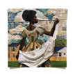 Black woman hanging sheets on an outdoor clothesline, rendered in a three-dimensional mosaic quilt collage style, celebrating domestic life, care, and Afrocentric heritage wall art.