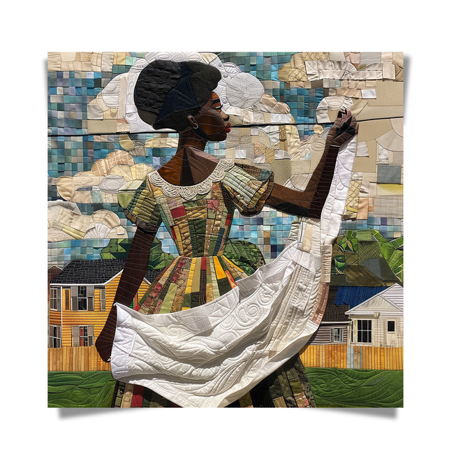 Black woman hanging sheets on an outdoor clothesline, rendered in a three-dimensional mosaic quilt collage style, celebrating domestic life, care, and Afrocentric heritage wall art.