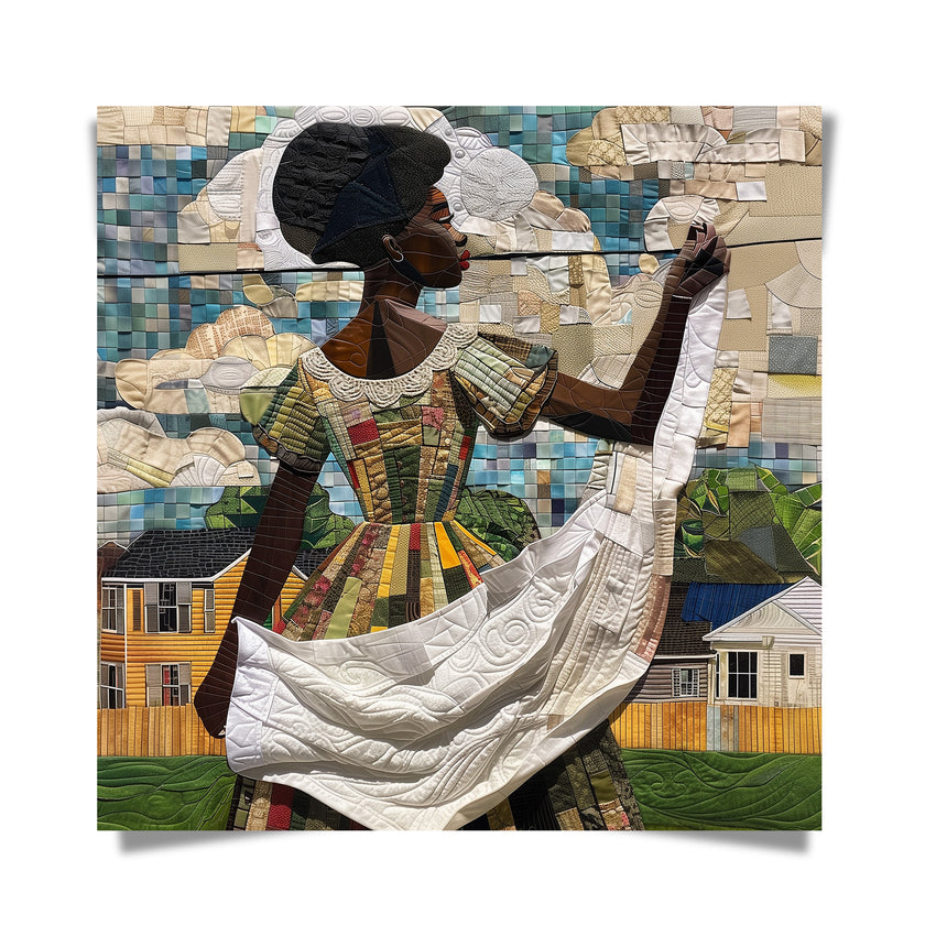 Black woman hanging sheets on an outdoor clothesline, rendered in a three-dimensional mosaic quilt collage style, celebrating domestic life, care, and Afrocentric heritage wall art.