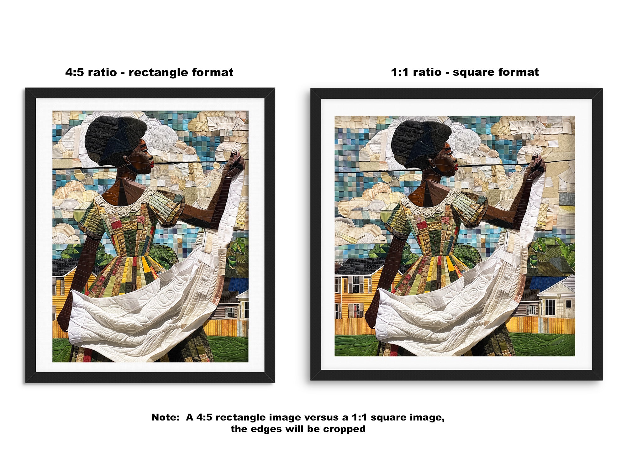 Black woman hanging sheets on an outdoor clothesline, rendered in a three-dimensional mosaic quilt collage style, celebrating domestic life, care, and Afrocentric heritage wall art.