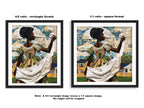 Black woman hanging sheets on an outdoor clothesline, rendered in a three-dimensional mosaic quilt collage style, celebrating domestic life, care, and Afrocentric heritage wall art.