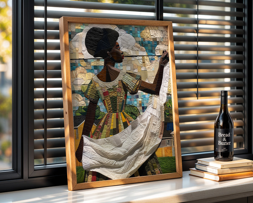 Black woman hanging sheets on an outdoor clothesline, rendered in a three-dimensional mosaic quilt collage style, celebrating domestic life, care, and Afrocentric heritage wall art.