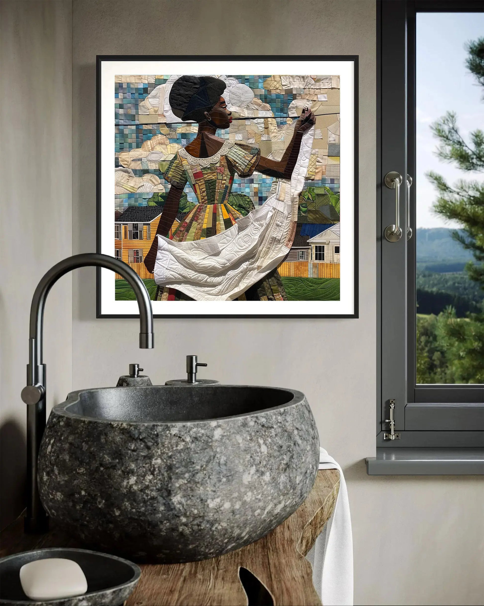 Black woman hanging sheets on an outdoor clothesline, rendered in a three-dimensional mosaic quilt collage style, celebrating domestic life, care, and Afrocentric heritage wall art.