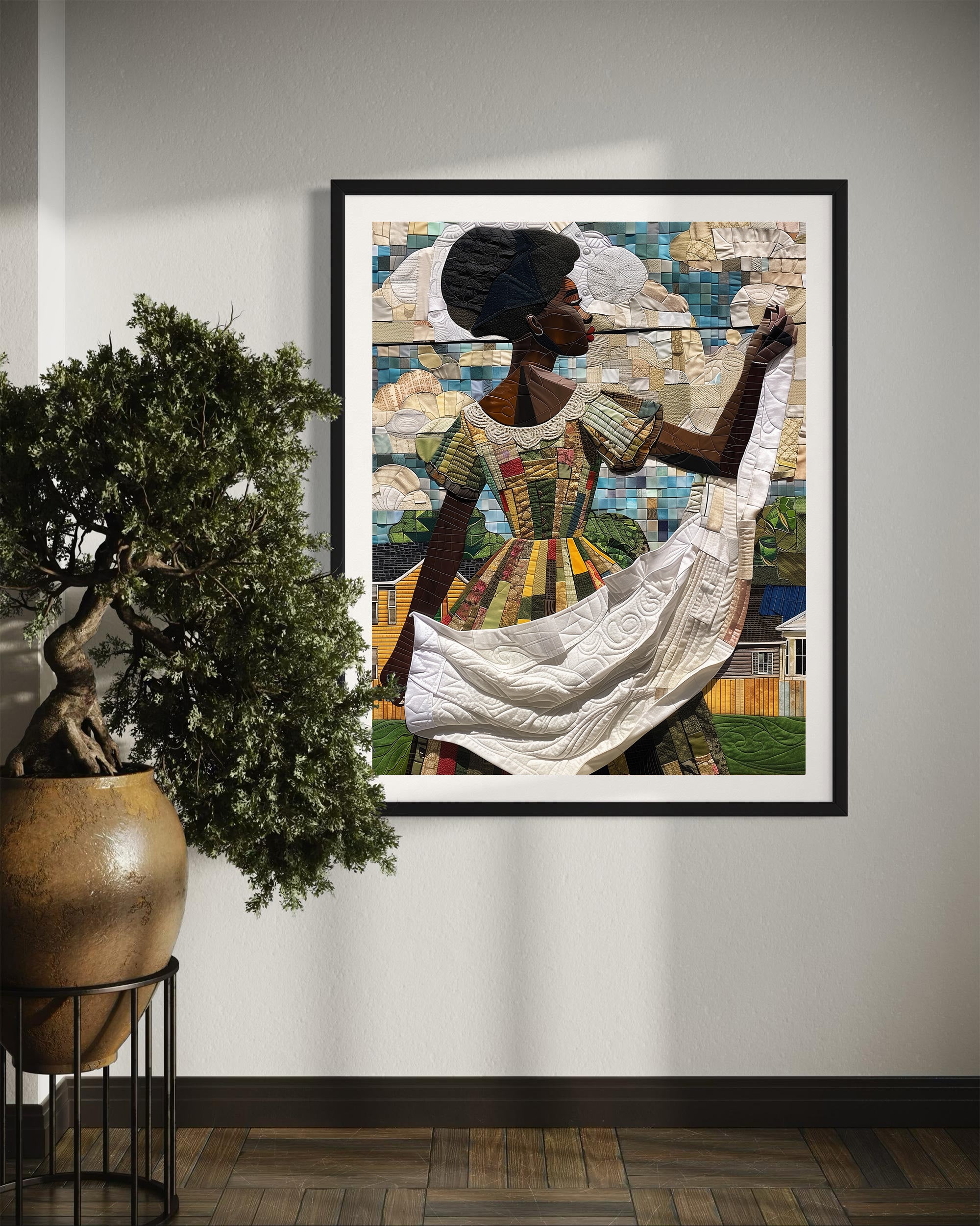 Black woman hanging sheets on an outdoor clothesline, rendered in a three-dimensional mosaic quilt collage style, celebrating domestic life, care, and Afrocentric heritage wall art.