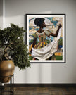 Black woman hanging sheets on an outdoor clothesline, rendered in a three-dimensional mosaic quilt collage style, celebrating domestic life, care, and Afrocentric heritage wall art.