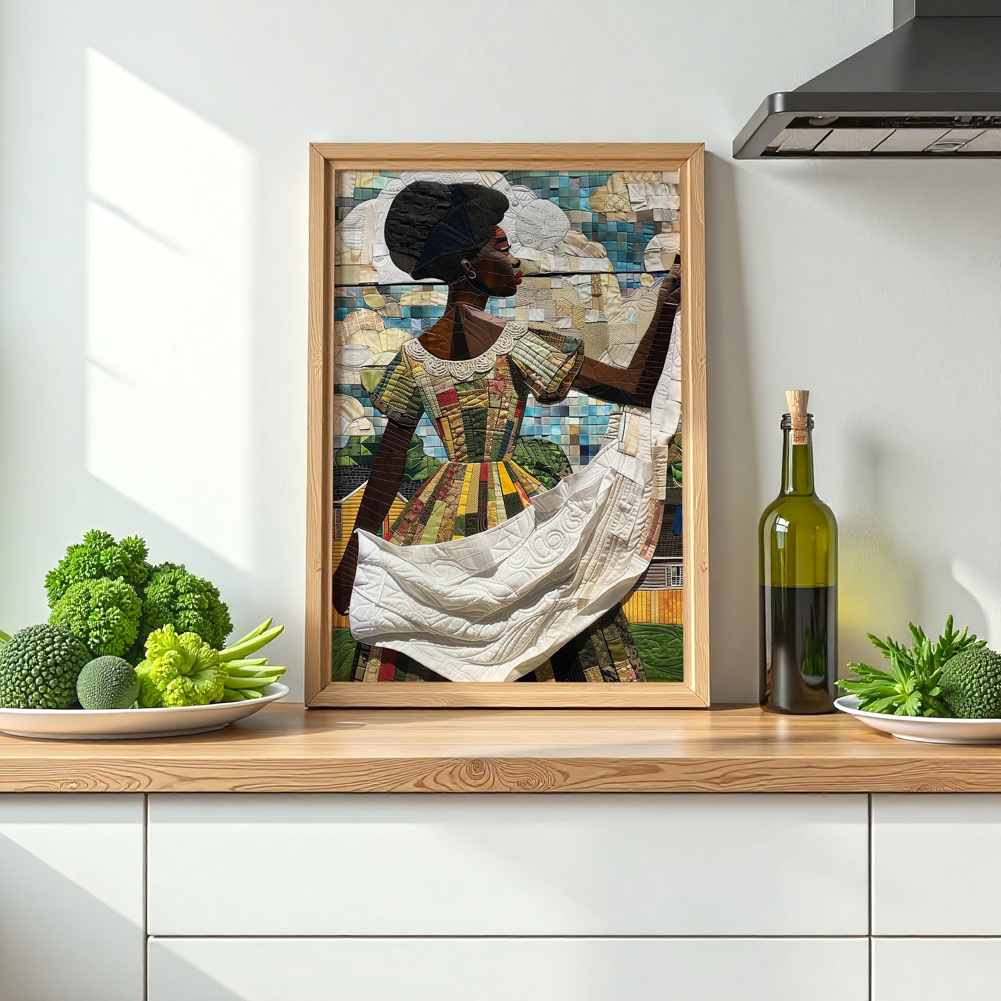 Black woman hanging sheets on an outdoor clothesline, rendered in a three-dimensional mosaic quilt collage style, celebrating domestic life, care, and Afrocentric heritage wall art.