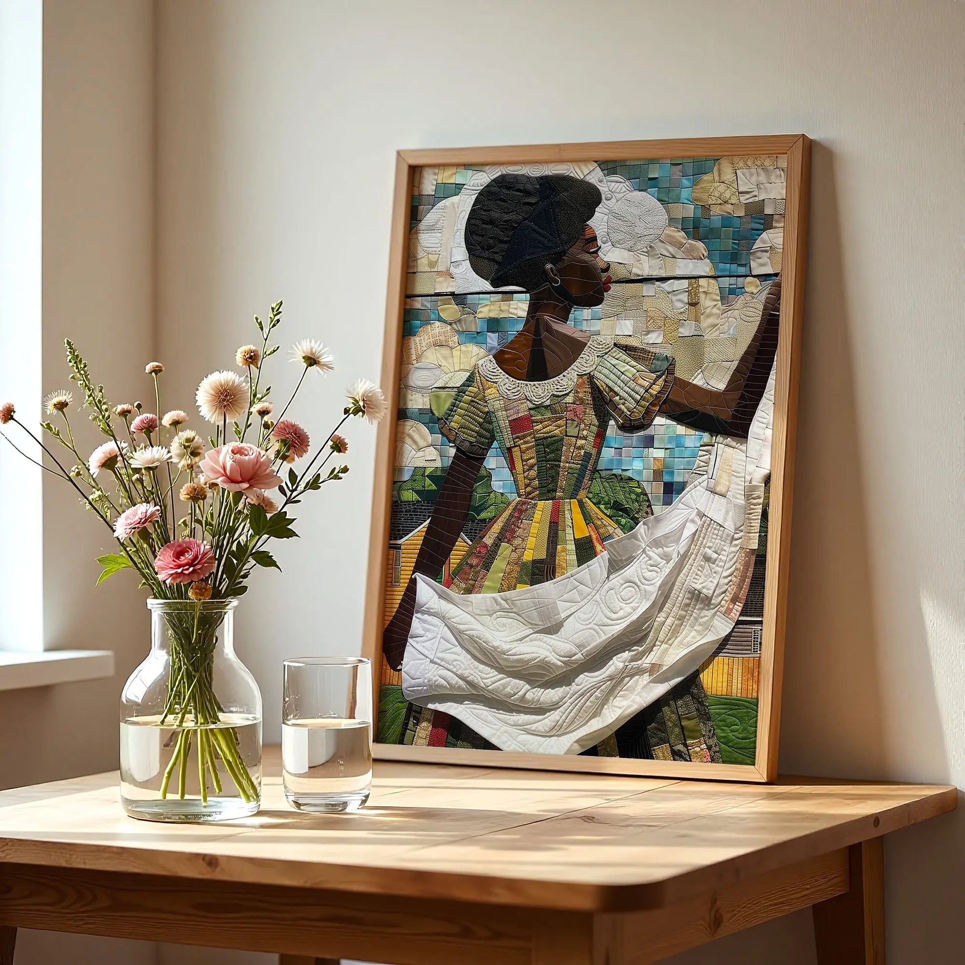 Black woman hanging sheets on an outdoor clothesline, rendered in a three-dimensional mosaic quilt collage style, celebrating domestic life, care, and Afrocentric heritage wall art.