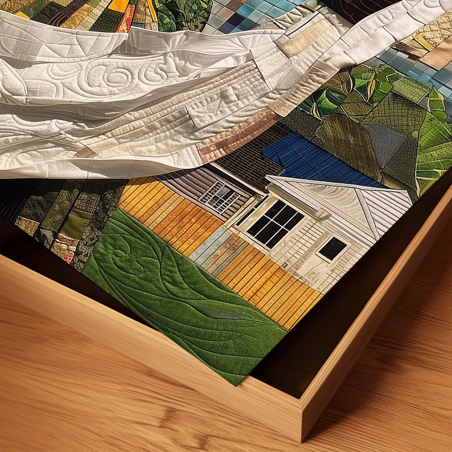 Black woman hanging sheets on an outdoor clothesline, rendered in a three-dimensional mosaic quilt collage style, celebrating domestic life, care, and Afrocentric heritage wall art.