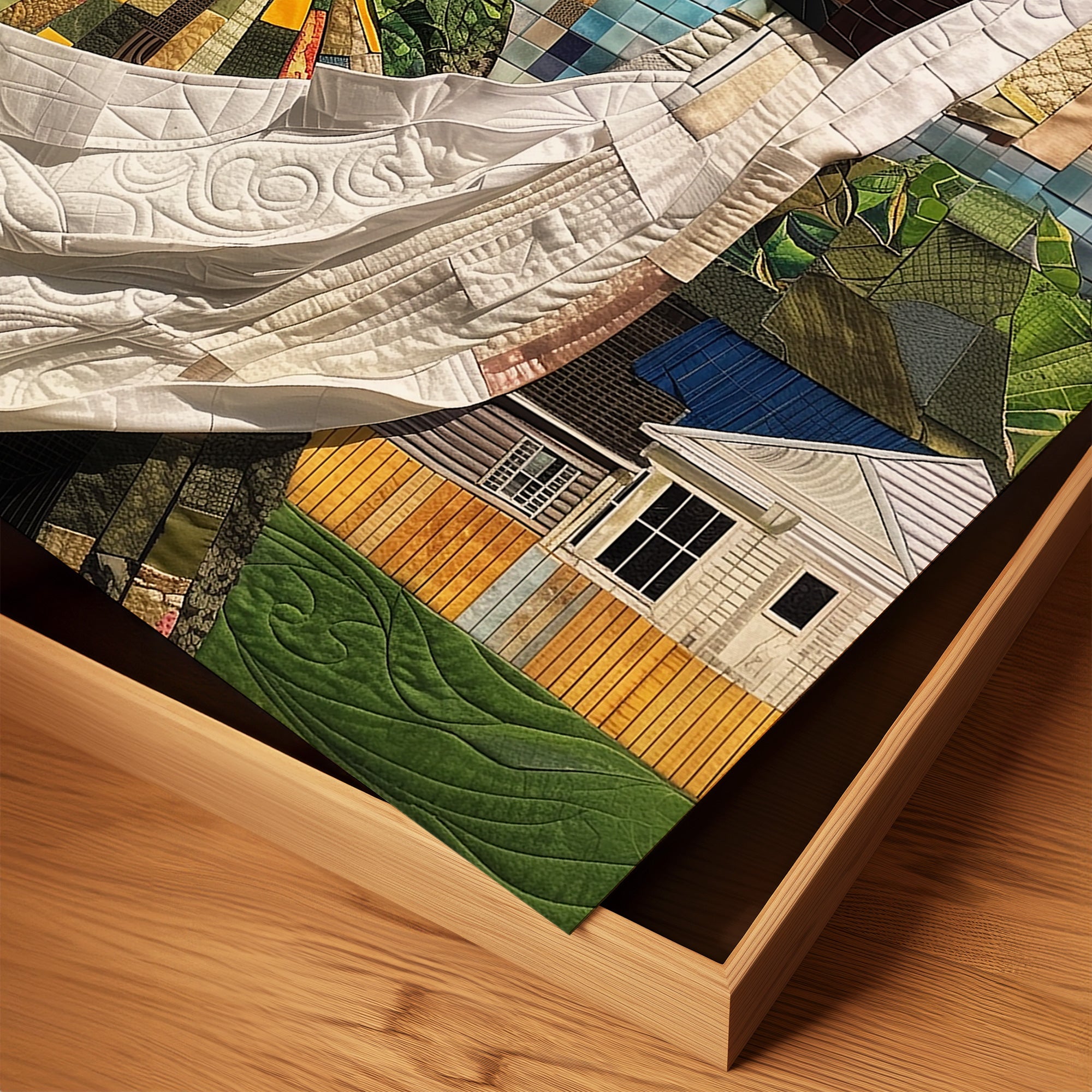 Black woman hanging sheets on an outdoor clothesline, rendered in a three-dimensional mosaic quilt collage style, celebrating domestic life, care, and Afrocentric heritage wall art.