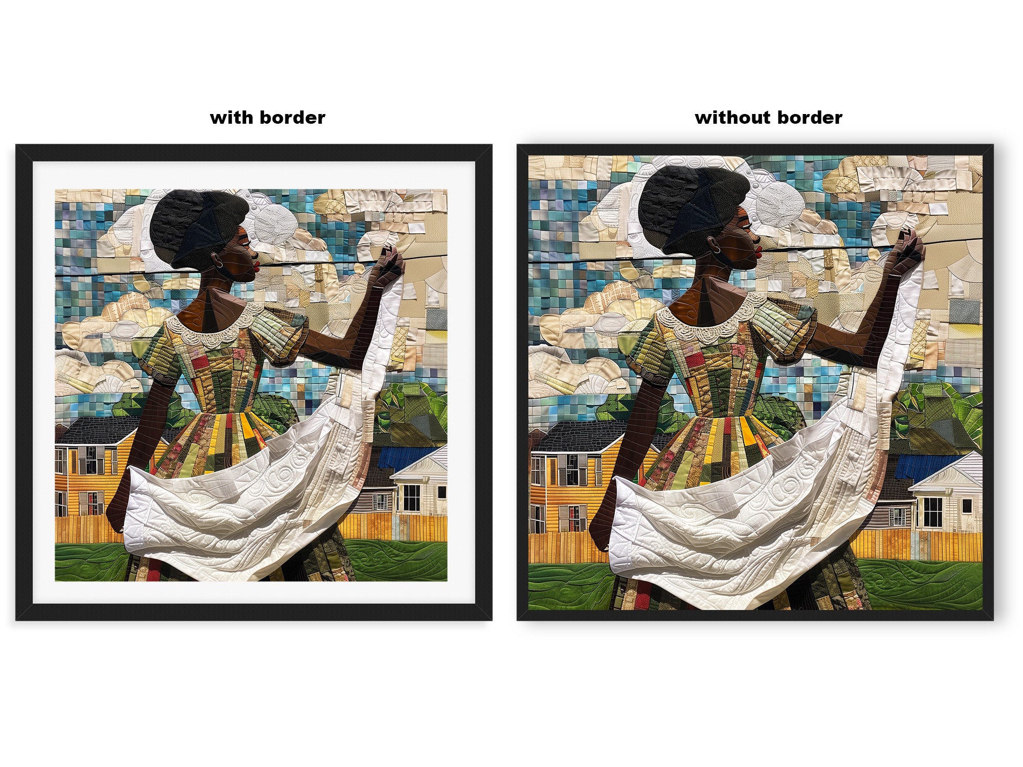 Black woman hanging sheets on an outdoor clothesline, rendered in a three-dimensional mosaic quilt collage style, celebrating domestic life, care, and Afrocentric heritage wall art.