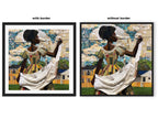 Black woman hanging sheets on an outdoor clothesline, rendered in a three-dimensional mosaic quilt collage style, celebrating domestic life, care, and Afrocentric heritage wall art.