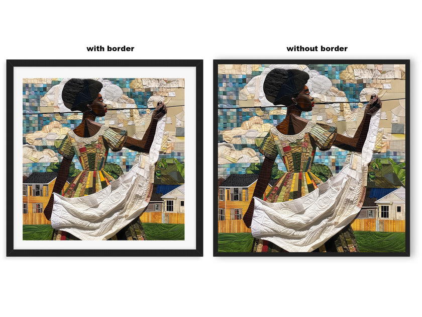 Black woman hanging sheets on an outdoor clothesline, rendered in a three-dimensional mosaic quilt collage style, celebrating domestic life, care, and Afrocentric heritage wall art.