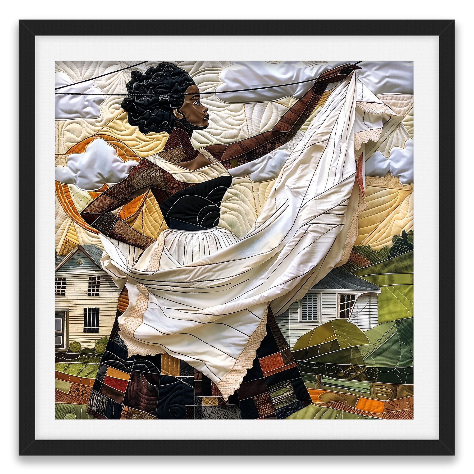 Black woman hanging sheets on an outdoor clothesline, rendered in a three-dimensional mosaic quilt collage style, celebrating domestic life, care, and Afrocentric heritage wall art.