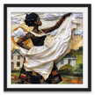 Black woman hanging sheets on an outdoor clothesline, rendered in a three-dimensional mosaic quilt collage style, celebrating domestic life, care, and Afrocentric heritage wall art.