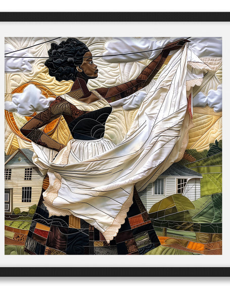 Black woman hanging sheets on an outdoor clothesline, rendered in a three-dimensional mosaic quilt collage style, celebrating domestic life, care, and Afrocentric heritage wall art.