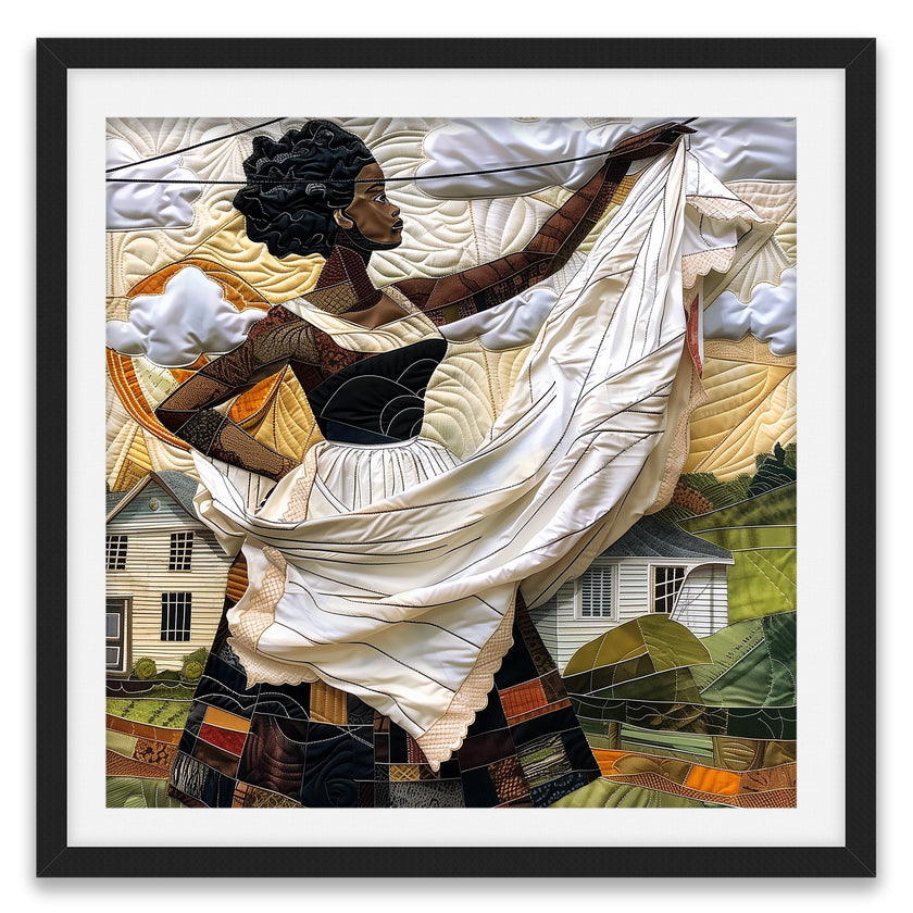 Black woman hanging sheets on an outdoor clothesline, rendered in a three-dimensional mosaic quilt collage style, celebrating domestic life, care, and Afrocentric heritage wall art.