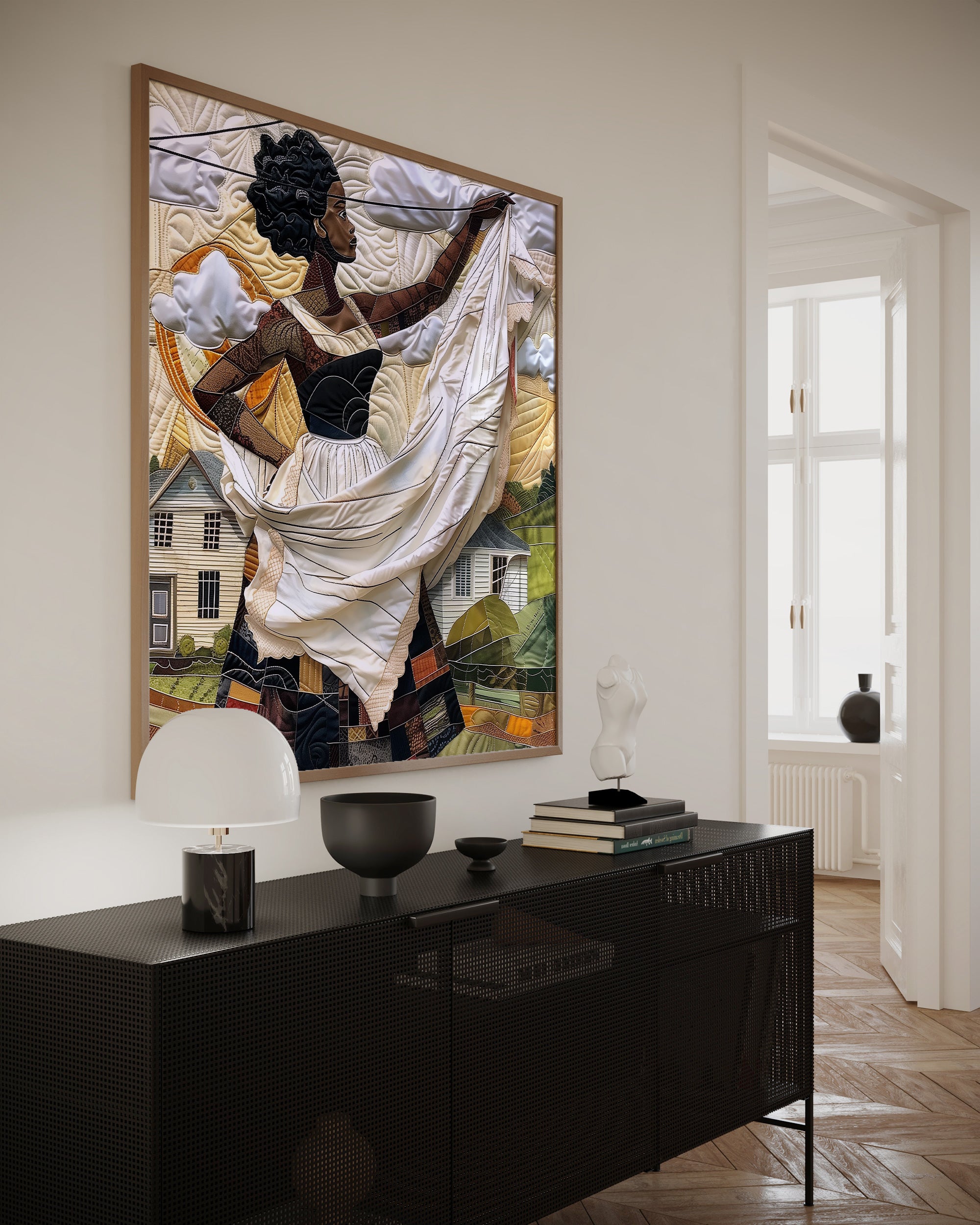 Black woman hanging sheets on an outdoor clothesline, rendered in a three-dimensional mosaic quilt collage style, celebrating domestic life, care, and Afrocentric heritage wall art.