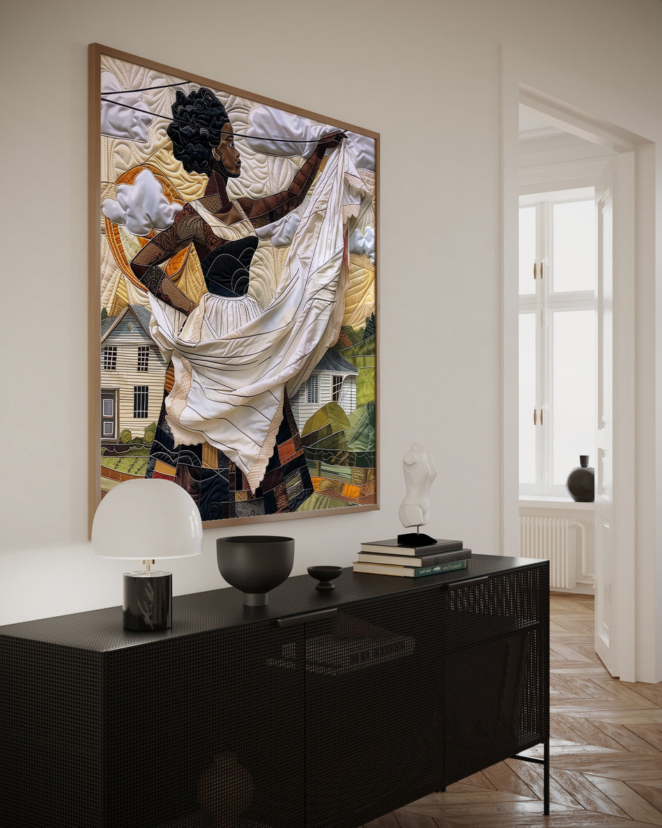 Black woman hanging sheets on an outdoor clothesline, rendered in a three-dimensional mosaic quilt collage style, celebrating domestic life, care, and Afrocentric heritage wall art.