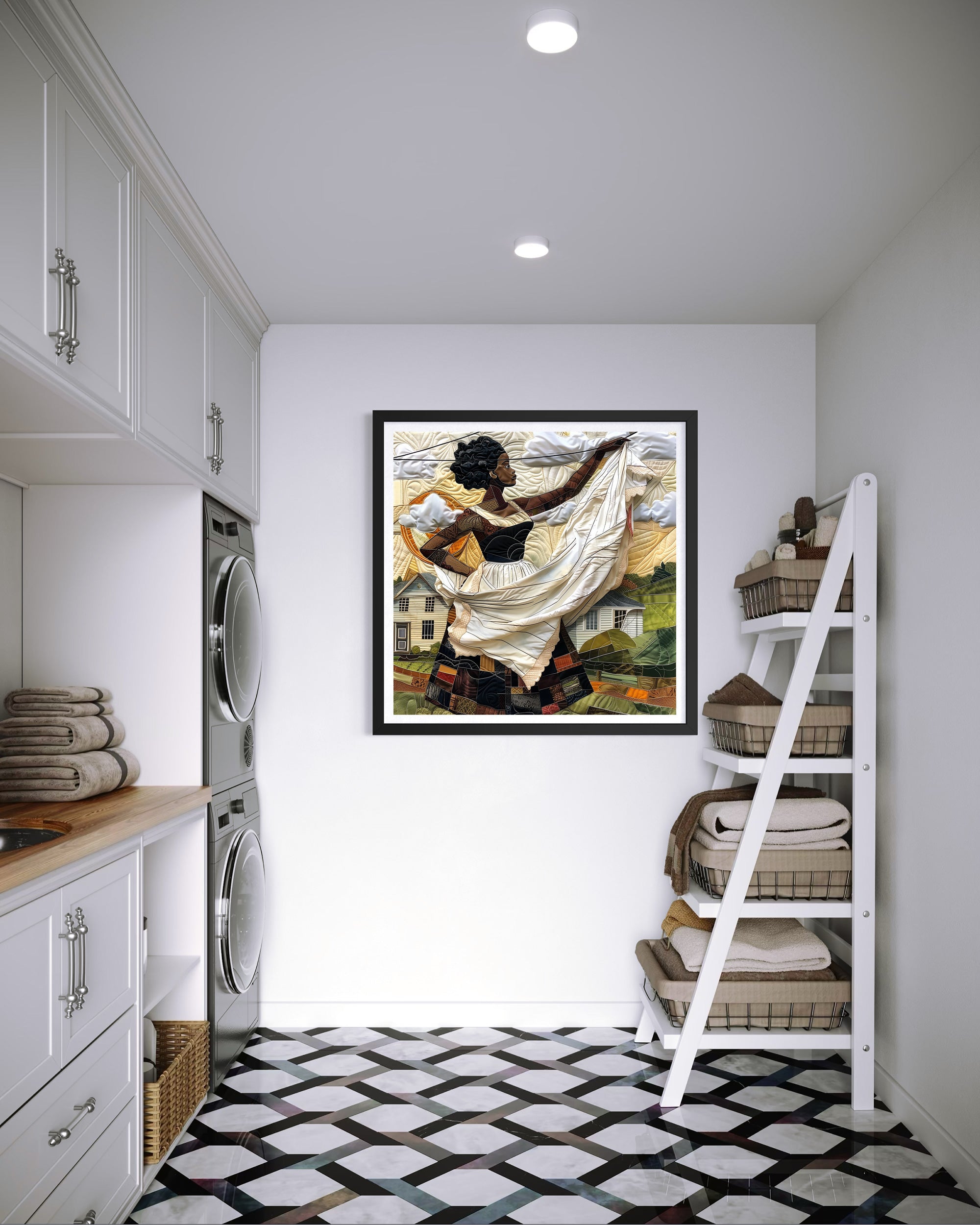Black woman hanging sheets on an outdoor clothesline, rendered in a three-dimensional mosaic quilt collage style, celebrating domestic life, care, and Afrocentric heritage wall art.