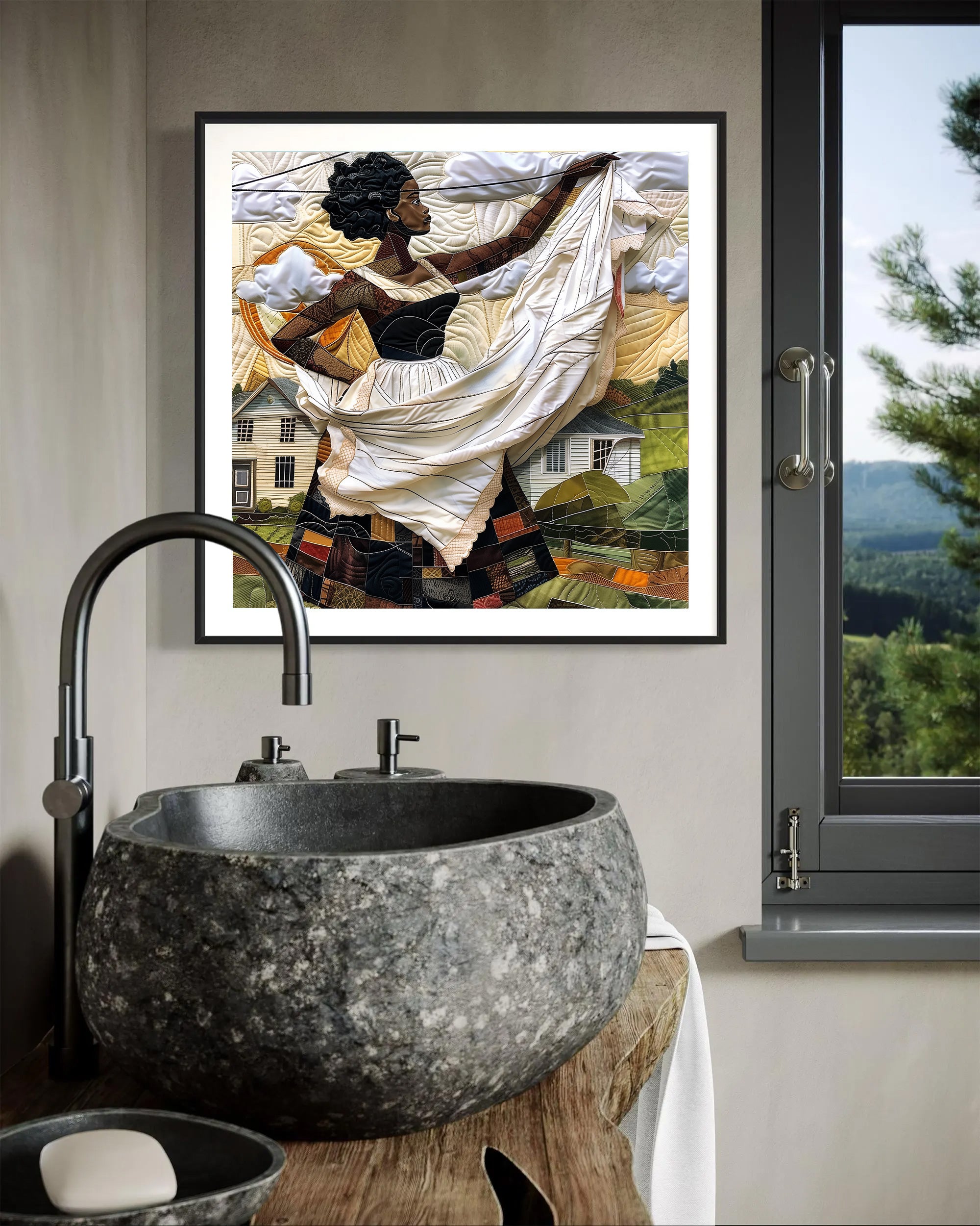 Black woman hanging sheets on an outdoor clothesline, rendered in a three-dimensional mosaic quilt collage style, celebrating domestic life, care, and Afrocentric heritage wall art.