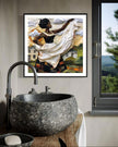 Black woman hanging sheets on an outdoor clothesline, rendered in a three-dimensional mosaic quilt collage style, celebrating domestic life, care, and Afrocentric heritage wall art.