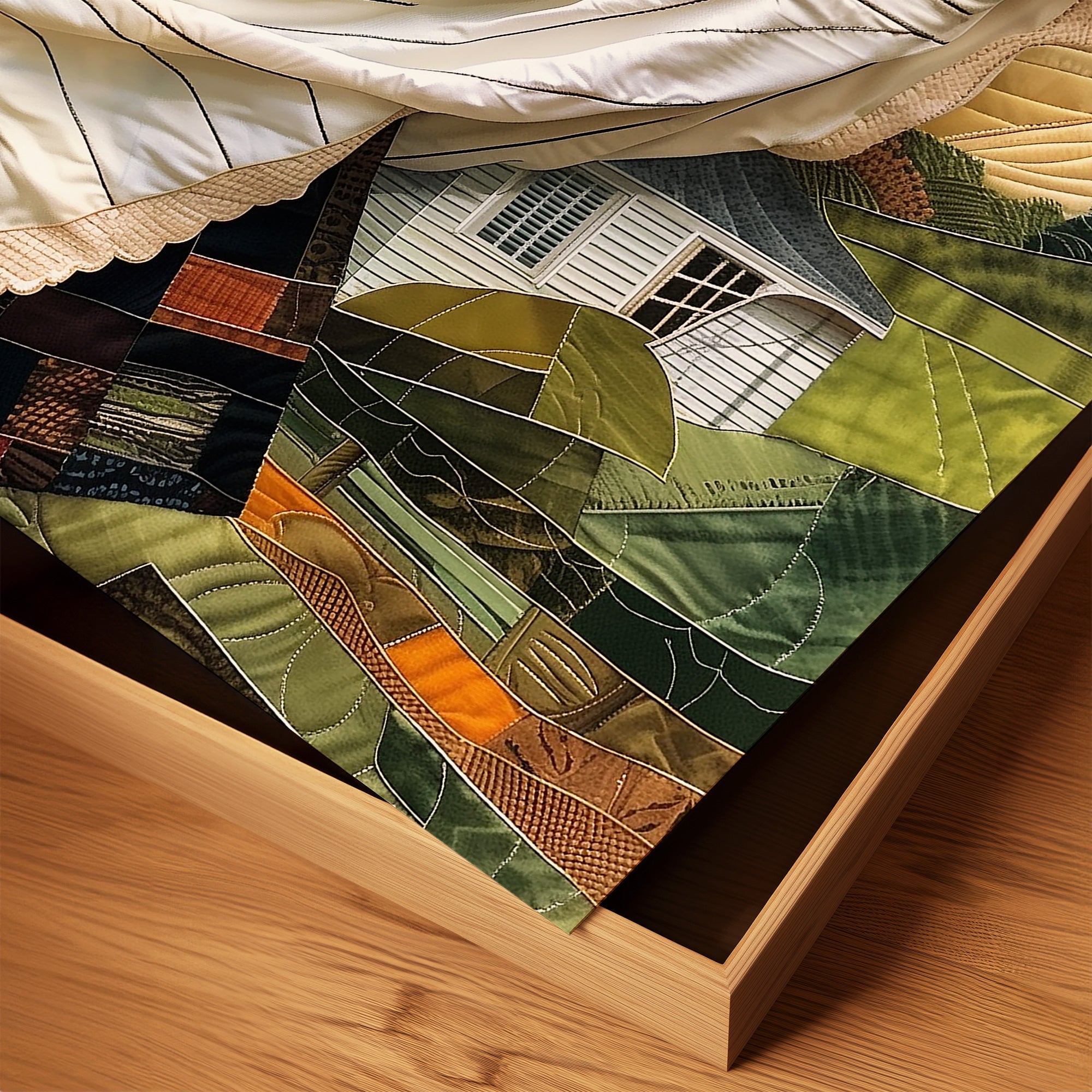 Black woman hanging sheets on an outdoor clothesline, rendered in a three-dimensional mosaic quilt collage style, celebrating domestic life, care, and Afrocentric heritage wall art.