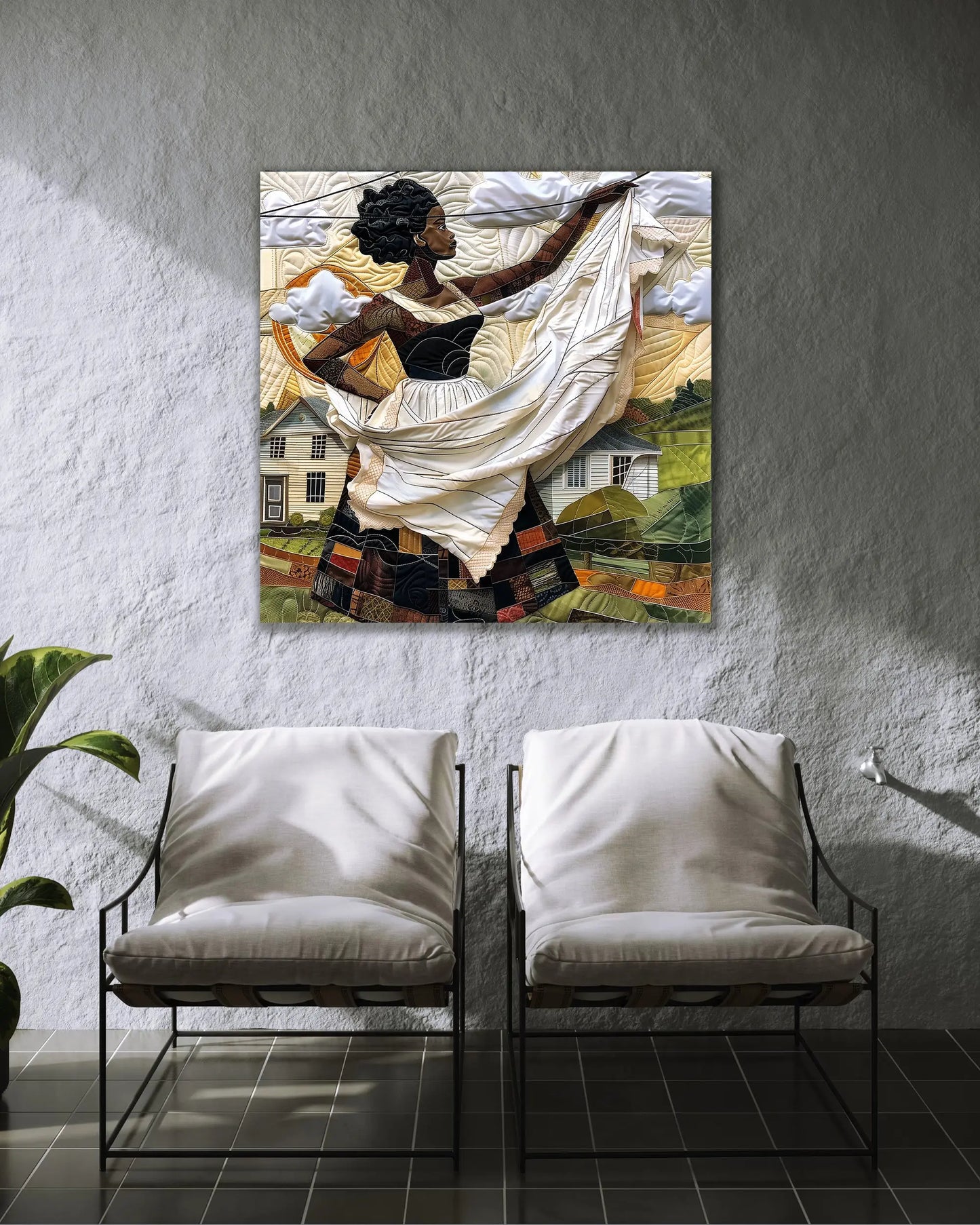 Black woman hanging sheets on an outdoor clothesline, rendered in a three-dimensional mosaic quilt collage style, celebrating domestic life, care, and Afrocentric heritage wall art.
