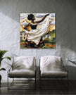 Black woman hanging sheets on an outdoor clothesline, rendered in a three-dimensional mosaic quilt collage style, celebrating domestic life, care, and Afrocentric heritage wall art.