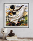 Black woman hanging sheets on an outdoor clothesline, rendered in a three-dimensional mosaic quilt collage style, celebrating domestic life, care, and Afrocentric heritage wall art.