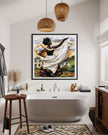 Black woman hanging sheets on an outdoor clothesline, rendered in a three-dimensional mosaic quilt collage style, celebrating domestic life, care, and Afrocentric heritage wall art.