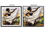 Black woman hanging sheets on an outdoor clothesline, rendered in a three-dimensional mosaic quilt collage style, celebrating domestic life, care, and Afrocentric heritage wall art.