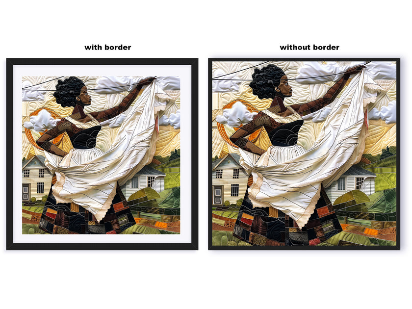 Black woman hanging sheets on an outdoor clothesline, rendered in a three-dimensional mosaic quilt collage style, celebrating domestic life, care, and Afrocentric heritage wall art.