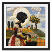 Black woman planting vegetables in her backyard garden, illustrated in a mosaic quilt collage style celebrating ancestral wisdom, self-sufficiency, and Afrocentric garden art.