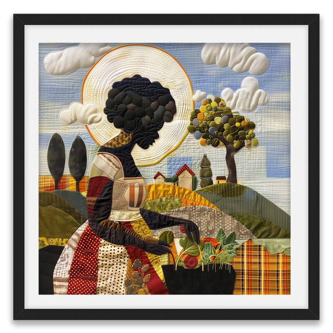 Black woman planting vegetables in her backyard garden, illustrated in a mosaic quilt collage style celebrating ancestral wisdom, self-sufficiency, and Afrocentric garden art.