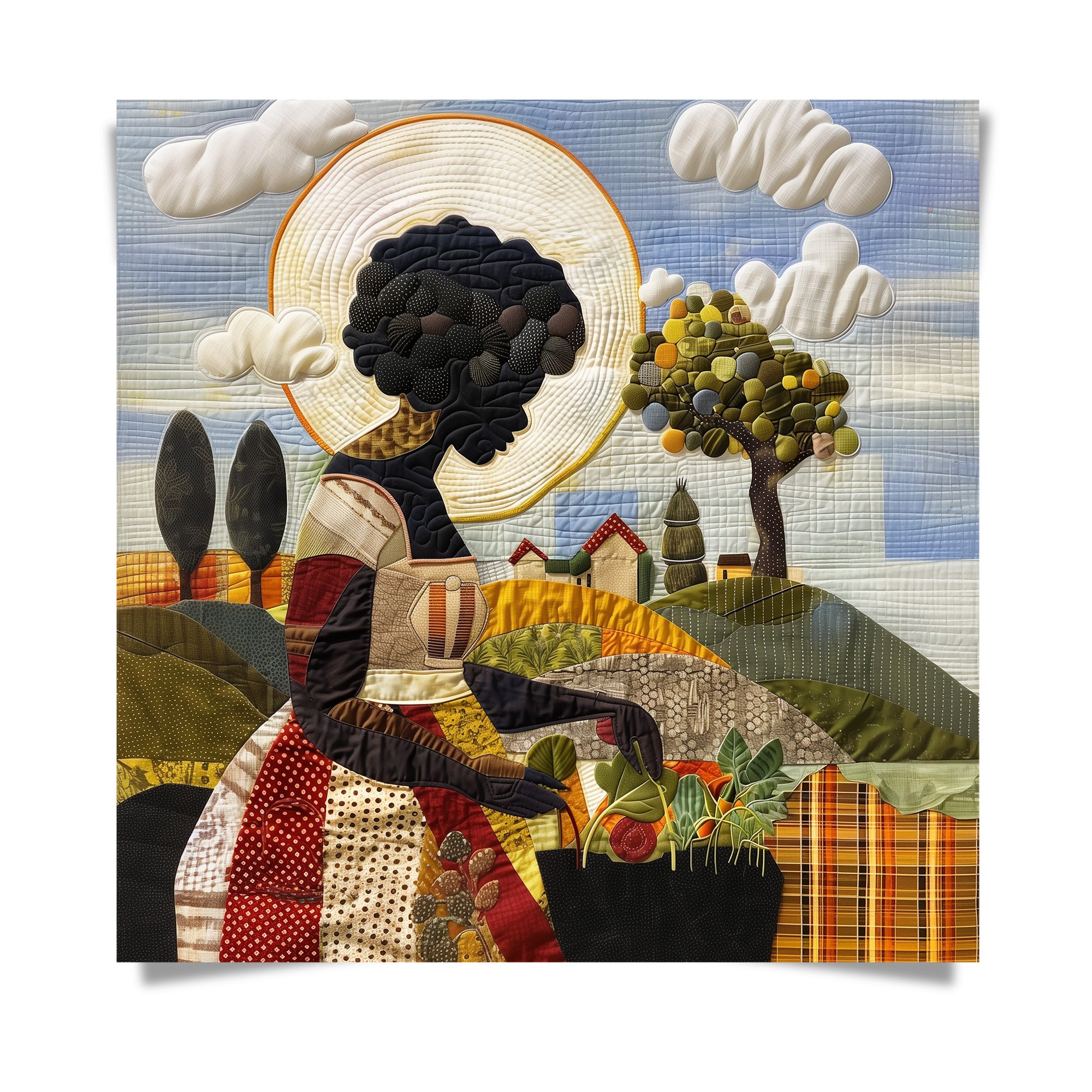 Black woman planting vegetables in her backyard garden, illustrated in a mosaic quilt collage style celebrating ancestral wisdom, self-sufficiency, and Afrocentric garden art.