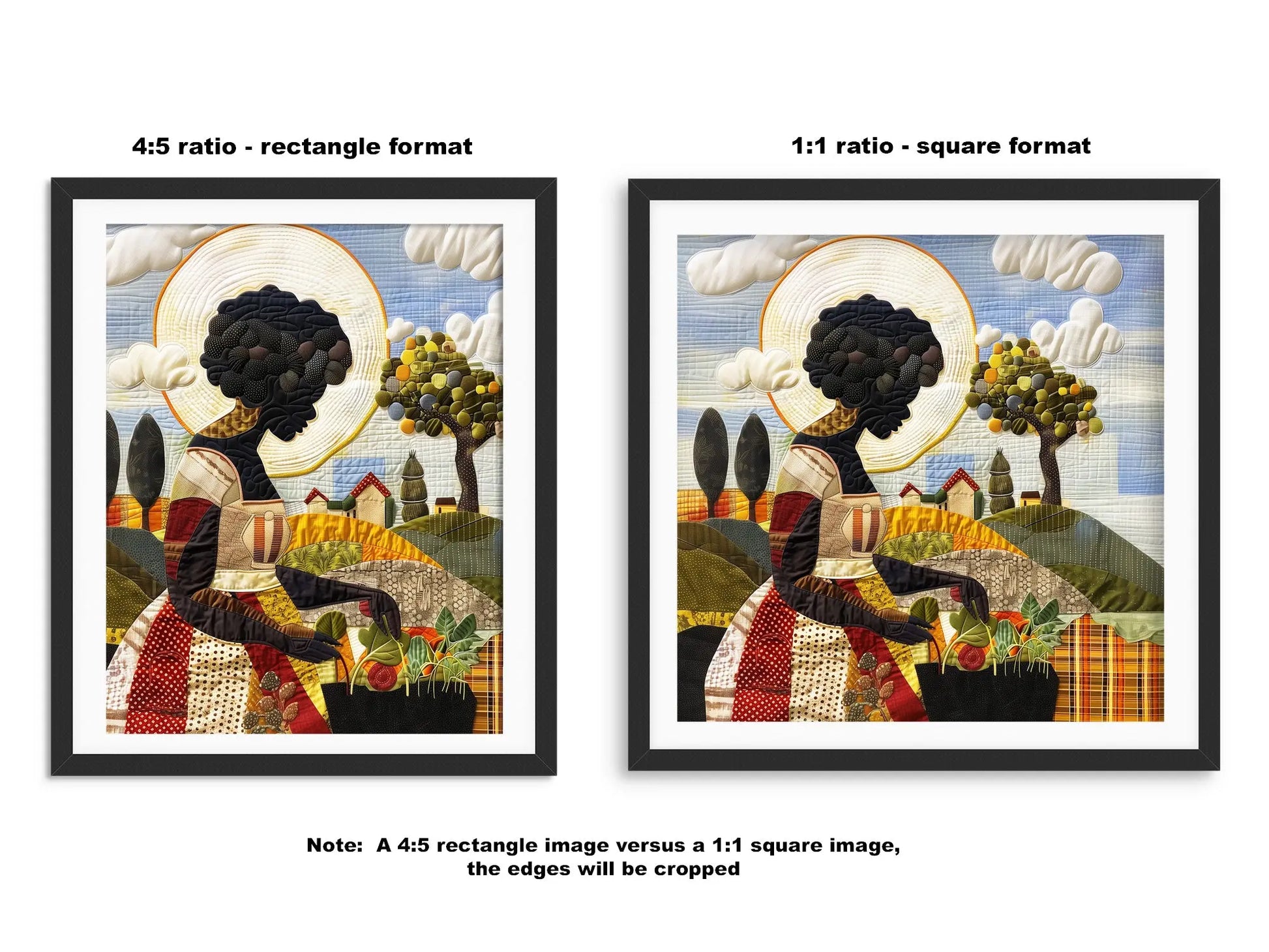 Black woman planting vegetables in her backyard garden, illustrated in a mosaic quilt collage style celebrating ancestral wisdom, self-sufficiency, and Afrocentric garden art.