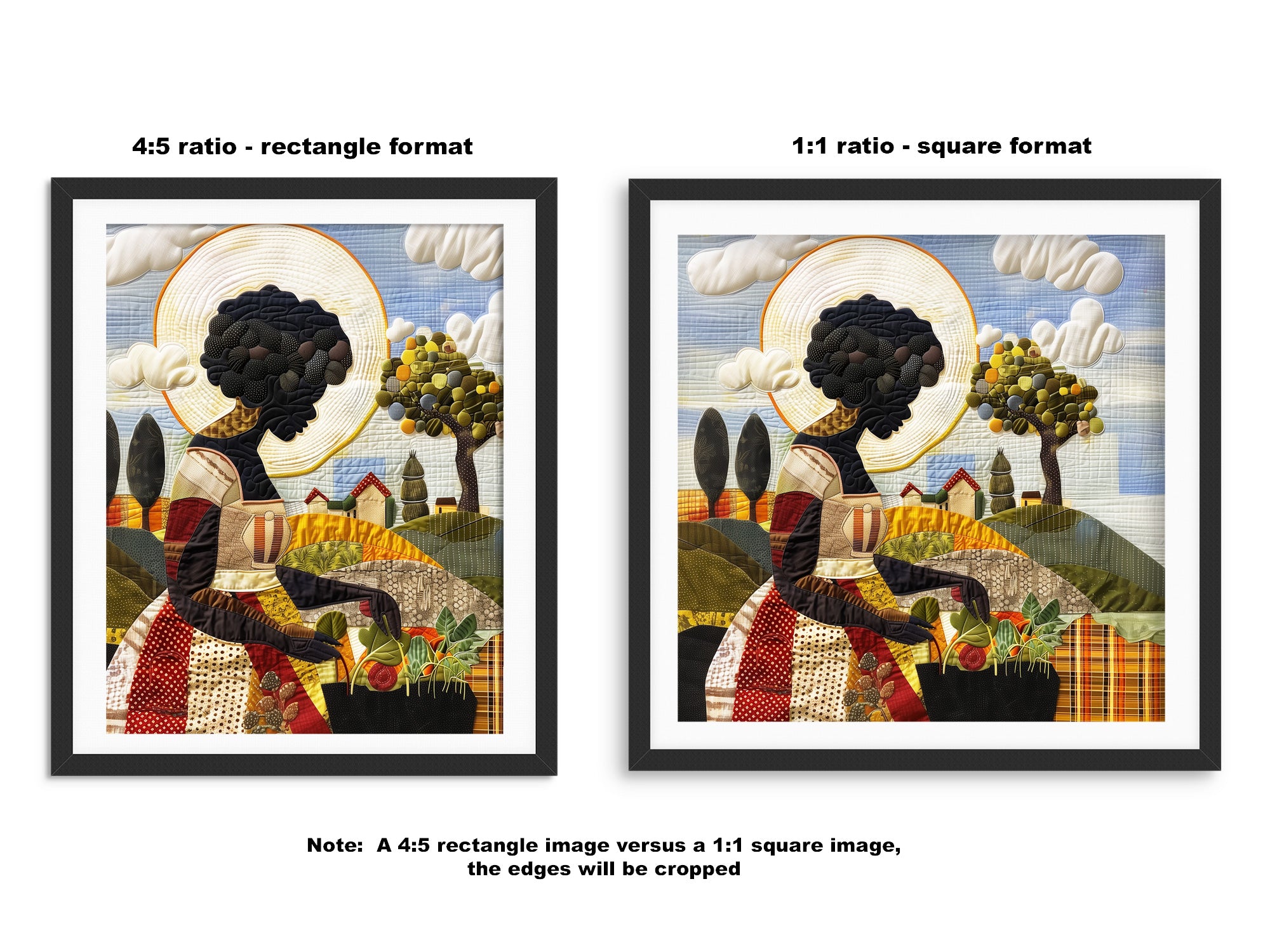 Black woman planting vegetables in her backyard garden, illustrated in a mosaic quilt collage style celebrating ancestral wisdom, self-sufficiency, and Afrocentric garden art.