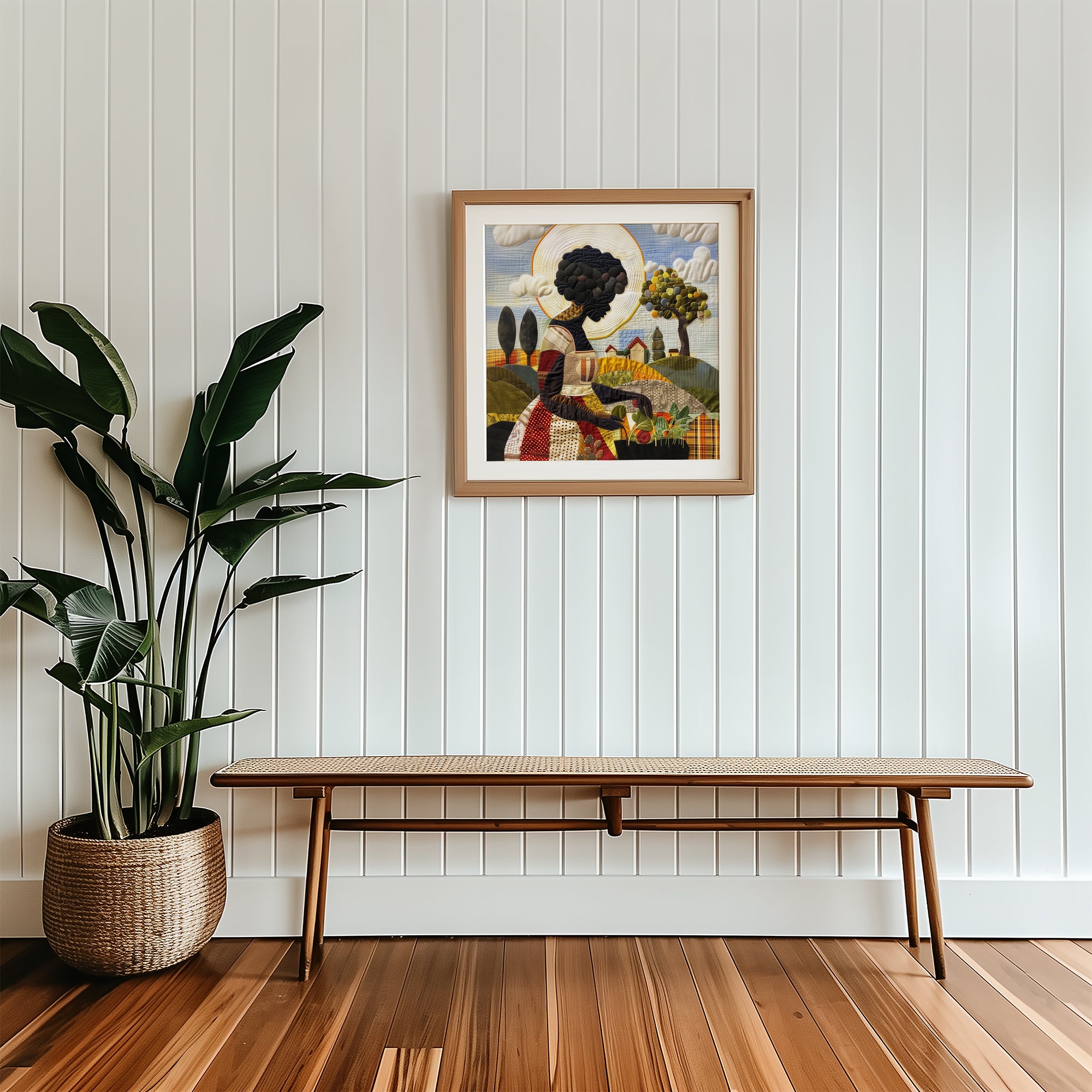 Black woman planting vegetables in her backyard garden, illustrated in a mosaic quilt collage style celebrating ancestral wisdom, self-sufficiency, and Afrocentric garden art.