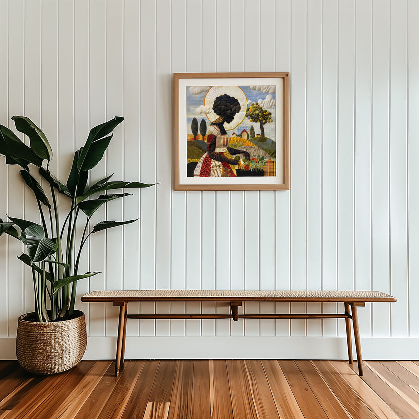 Black woman planting vegetables in her backyard garden, illustrated in a mosaic quilt collage style celebrating ancestral wisdom, self-sufficiency, and Afrocentric garden art.