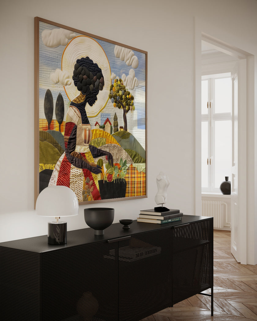 Black woman planting vegetables in her backyard garden, illustrated in a mosaic quilt collage style celebrating ancestral wisdom, self-sufficiency, and Afrocentric garden art.