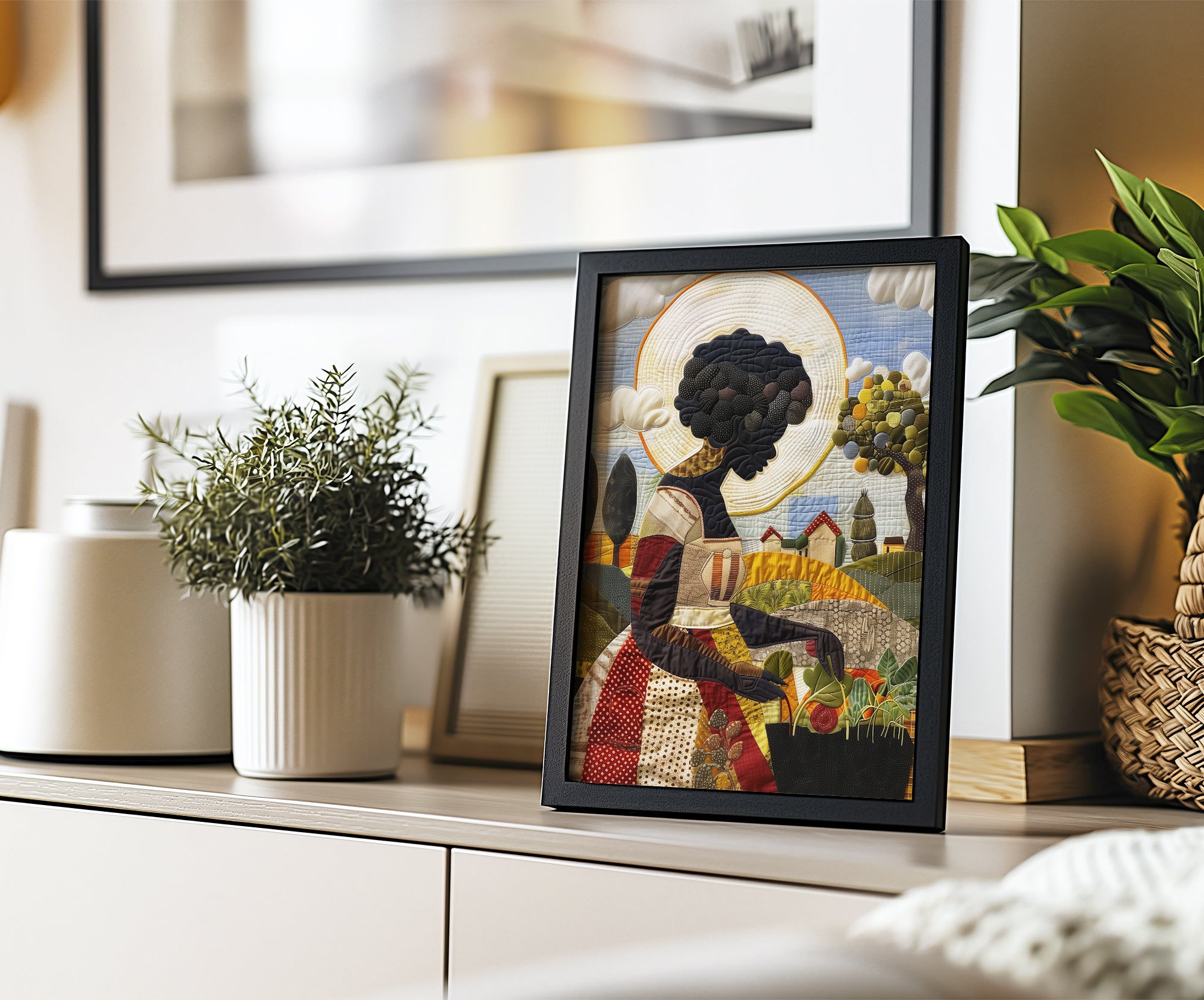 Black woman planting vegetables in her backyard garden, illustrated in a mosaic quilt collage style celebrating ancestral wisdom, self-sufficiency, and Afrocentric garden art.
